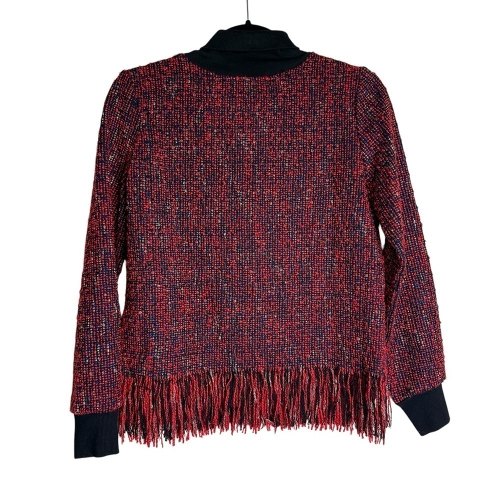 The Collective Tweed Red Black Metallic Mock Neck Long Sleeve Fringe Hem Top - Picture 2 of 14